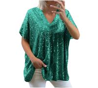 Sequin Tops for Women UK Loose Sexy Deep V Neck Short Sleeve Glitter Sequin T Shirts Plus Size Fashion Solid Sparkly Blouses Evening Party Club Tee Shirts Summer Tops, S-XXXL