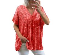 Sequin Tops for Women UK Loose Sexy Deep V Neck Short Sleeve Glitter Sequin T Shirts Plus Size Fashion Solid Sparkly Blouses Evening Party Club Tee Shirts Summer Tops M-XXL