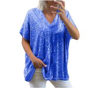 Sequin Tops for Women UK Loose Sexy Deep V Neck Short Sleeve Glitter Sequin T Shirts Plus Size Fashion Solid Sparkly Blouses Evening Party Club Tee Shirts Summer Tops M-XXL