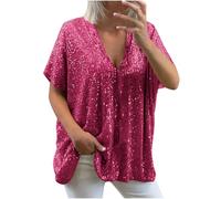 Sequin Tops for Women UK Loose Sexy Deep V Neck Short Sleeve Glitter Sequin T Shirts Plus Size Fashion Solid Sparkly Blouses Evening Party Club Tee Shirts Summer Tops S-XXXL