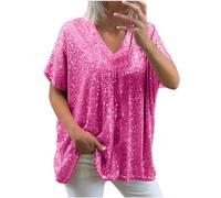 Sequin Tops for Women UK Loose Sexy Deep V Neck Short Sleeve Glitter Sequin T Shirts Plus Size Fashion Solid Sparkly Blouses Evening Party Club Tee Shirts Summer Tops M-XXL