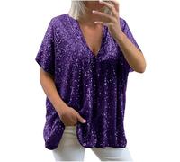 Sequin Tops for Women UK Loose Sexy Deep V Neck Short Sleeve Glitter Sequin T Shirts Plus Size Fashion Solid Sparkly Blouses Evening Party Club Tee Shirts Summer Tops S-XXXL