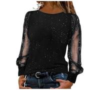 Sequin Tops for Women UK Off Shoulder Long Mesh Sleeve Sparkly Sequined Blouse Elegant Women’s Sequin Shirts Round Neck Wrap Sparkly Party Top Evening Casual Blouses (01 Black, XL)