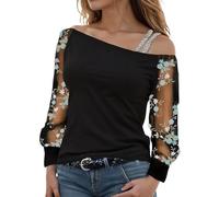 Sequin Tops for Women UK Off Shoulder Long Mesh Sleeve Sparkly Sequined Blouse Top Elegant Ladies Patchwork Shining Glitter Pullover Tunics Sparkling Party T Shirt Long Sleeve Casual (Blue-B, M)