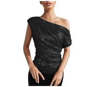 Sequin Tops for Women UK Off Shoulder Short Sleeve Evening Sparkly Sequin Tops Plus Size Glitter Blouse Pullover Sequins Shimmer Blouses Wraped Shirts Sparkle Cocktail Party Clubwear Shirt Outfit