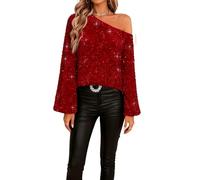 Sequin Tops for Women UK Off Shoulder Top Sparkly Glitter Blouse Shiny Party Night Club Tunic Tops Elegant Dressy Tee Ladies Loose T Shirt Shimmer Top Wedding Going Out Prom Cocktail Christmas Red