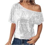 Sequin Tops for Women UK One Off Shoulder Short Sleeve T Shirts Sparkly Asymmetrical Neck Blouse Ladies Fashion Glitter Loose Fit Blouses Solid Color Shiny Tees for Party Club Wear White