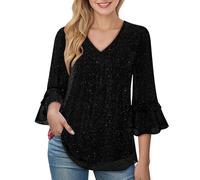 Sequin Tops for Women UK - Sparkly Elegant Blouses, 3/4 Flared Sleeve V Neck Tunic Top, Ladies Loose Double Layers Mesh Shirts, Glitter Casual Baggy Tee, Evening Party Club Cocktail Black