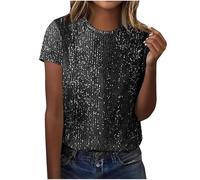 Sequin Tops for Women UK Sparkly Glitter Blouse Shiny Party Night Club Tunic Top Elegant Short Sleeve Crew Neck Dressy Tee Ladies Baggy Loose T Shirt Black