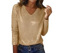Sequin Tops for Women UK Sparkly Glitter Blouse Shiny Party Night Club Tunic Tops Elegant Long Sleeve Crew Neck Dressy Tee Ladies Baggy Loose T Shirt Shimmer Wedding Prom Cocktail Christmas Gold XXL