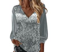 Sequin Tops for Women UK Sparkly Top Glitter Evening Party Shiny Long Sleeve Blouses Loose Tunic Tee Lantern Sleeve Disco Blouse Shirts for Club Concert