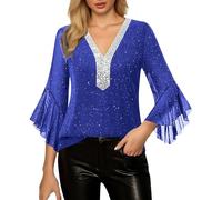 Sequin Tops for Women UK, Three-Quarter Sleeve Tunic Elegant Carnival T-Shirts Sequins O Neck Party Evening Club Tees Plus Size Pullover Festival Outfits Blue
