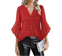 Sequin Tops for Women UK V Neck Solid Long Sleeve Pullover Blouses Ladies Satin Silk Sleeve Sparkly Shimmer Shirt Elegant Glitter T Shirt Festival Party Shining Tees Plus Size