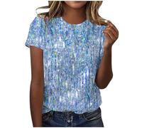 Sequin Tops UK Women Round Neck Solid Womens Sparkly Sweater Shimmer Shirt 3/4 Sleeve Pullover s Glitter Top Sparkly Festival Blouses Shining Tees UK Size S-XXL Party Clubwear Cocktail Shirt