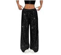 Sequin Trousers for Women UK Glitter Sparkly Trousers Flare Pants Elegant Shiny Bling Bell Rhinestone Sequined Wide Leg High Waist Loose Sparkly Jeans for Club Party Gym Yoga (Black, XXL)