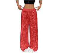 Sequin Trousers for Women UK Glitter Sparkly Trousers Flare Pants Elegant Shiny Bling Bell Rhinestone Sequined Wide Leg High Waist Loose Sparkly Jeans for Club Party Gym Yoga (Red, S)