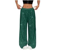 Sequin Trousers for Women UK Glitter Sparkly Trousers Flare Pants Elegant Shiny Bling Bell Rhinestone Sequined Wide Leg High Waist Loose Sparkly Jeans for Club Party Gym Yoga (Green, S)