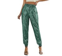 Sequin Trousers for Womens Sparkly Leggings Elastic Y2K Glitter High Waisted Wide Leg Long Pants Bling Party Clubwear Streetwear 70s Disco Flare Trousers Party, Hip Hop Casual Dancewear (Green, M)