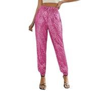 Sequin Trousers for Womens Sparkly Leggings Elastic Y2K Glitter High Waisted Wide Leg Long Pants Bling Party Clubwear Streetwear 70s Disco Flare Trousers Party,Hip Hop Casual Dancewear (Hot Pink,XXL)
