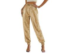 Sequin Trousers for Womens Sparkly Leggings Elastic Y2K Glitter High Waisted Wide Leg Long Pants Bling Party Clubwear Streetwear 70s Disco Flare Trousers Party, Hip Hop Casual Dancewear (Gold, M)