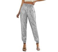 Sequin Trousers for Womens Sparkly Leggings Elastic Y2K Glitter High Waisted Wide Leg Long Pants Bling Party Clubwear Streetwear 70s Disco Flare Trousers Party, Hip Hop Casual Dancewear (Silver, L)