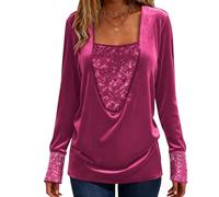 Sequin Velvet Tops for Women UK Sparkly Solid Shirts Elegant Tops Shimmer Cuffed Long Sleeve Blouses Stretchly Square Neck Shirt Fashion Patchwork Tunics Plus Size Loose Casual Jumpers Hot Pink