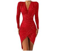 Sequin Women's Ball Dress - Glitter Red, Split, V-Neck, Long Sleeve, Mini, Tight, Wrap, Bodycon, Cocktail, Night Club, Party Dress, XL