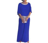 Sequined-Colorblock Elegant Two-Piece,Round Neck Chiffon Wide Leg Pant Suit,Women's Sequin 2 Piece Pant Suit (Blue,3XL)