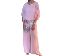 Sequined-Colorblock Elegant Two-Piece,Round Neck Chiffon Wide Leg Pant Suit,Women's Sequin 2 Piece Pant Suit (Pink,S)