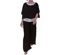 Sequined-Colorblock Elegant Two-Piece, Women Shirt Wide Leg Trousers Formal Dresses Outfits, Summer Loose Crewneck Suit (Black,L)