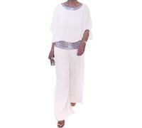 Sequined-Colorblock Elegant Two-Piece, Women Shirt Wide Leg Trousers Formal Dresses Outfits, Summer Loose Crewneck Suit (White,L)