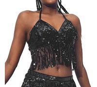 Sequined Latin Belly Dance Bra Top Women Dance Costume Fringe Tassel Top Women's Glittery Sequins Halter Neck Fringe Tassel Latin BellyCrop Tops Sexy Party Club Carnival Clubwear Rave Outfits Black