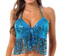 Sequined Latin Belly Dance Bra Top Women Dance Costume Fringe Tassel Top Women's Glittery Sequins Halter Neck Fringe Tassel Latin Belly Dance Crop Tops Sexy Party Club Carnival Clubwear Rave Outfits