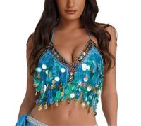 Sequined Latin Belly Dance Bra Top, Women's Glittery Sequins Halter Neck Fringe Tassel Latin Belly Dance Crop Tops, Sexy Strappy Backless Tube Top Tank for Party Club Carnival Clubwear Rave Outfits