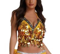 Sequined Latin Belly Dance Bra Top, Women's Glittery Sequins Halter Neck Fringe Tassel Latin Belly Dance Crop Tops, Sexy Strappy Backless Tube Top Tank for Party Club Carnival Clubwear Rave Outfits