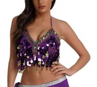 Sequined Latin Belly Dance Bra Top, Women's Glittery Sequins Halter Neck Fringe Tassel Latin Belly Dance Crop Tops, Sexy Strappy Backless Tube Top Tank for Party Club Carnival Clubwear Rave Outfits