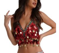 Sequined Latin Belly Dance Bra Top, Women's Glittery Sequins Halter Neck Fringe Tassel Latin Belly Dance Crop Tops, Sexy Strappy Backless Tube Top Tank for Party Club Carnival Clubwear Rave Outfits