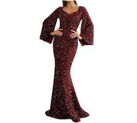 Sequined Party Dress for Women UK Sparkling V Neck Long Sleeve Club Night Out Maxi Bodycon Dress Ladies Sequin Glitter Cocktail Party Prom Dress Elegant Evening Gown Bridesmaid Wedding Guest Dresses