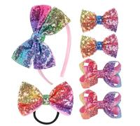 Sequins Grosgrain Bow Hair Accessories Gift Set - 6 Pieces Sparkling Hair Bows, Clips, Headband & Hair Scrunchie for Little Girls and Toddlers (Rainbow)