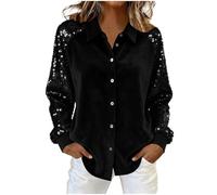 Sequins Shirts for Women Turndown Sequined Long Sleeve Button Down Shiny Tops Glitter Elegant Sparkling Blouses Shimmer Tees Festival Party Gathering Shining T Shirt Ladies Jumpers S-XXL Black