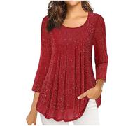 Sequins Tops for Women 3/4 Sleeve Dressy Sparkly Shirt Round Neck Sequined Sparkling Pleated Hem Pullover Tunic Blouses Shimmer Shining Tees Festival Party Shiny Glitter Tshirt Ladies S-XXL A Red