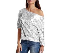 Sequins Tops for Women Sexy Cold Shoulder Blouses 3/4 Sleeve Dressy Sparkly Shirt Sequined Sparkling Pullover Shimmer Shining Tees Festival Party Shiny Glitter Tshirt Ladies S-XXL