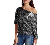 Sequins Tops for Women Sexy Cold Shoulder Blouses 3/4 Sleeve Dressy Sparkly Shirt Sequined Sparkling Pullover Shimmer Shining Tees Festival Party Shiny Glitter Tshirt Ladies S-XXL B Black