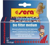 Sera siporax bio active the new way of water treatment, reduces ammonium, nitrite and nitrate after 24 hours and is a self-cleaning high-performance filter medium (table form)