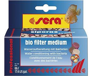 Sera siporax bio active the new way of water treatment, reduces ammonium, nitrite and nitrate after 24 hours and is a self-cleaning high-performance filter medium (table form)