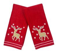 Serafina Home Christmas Hand Towels for Bath- Set of 2 Red Plush 100% Cotton Embroidered Gold Reindeer & White Snowflakes Design - 25 x 16” Decorative Bath & Kitchen Towels