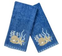 Serafina Home Embroidered Seashell Starfish Hand Towels, 16 x 25 inches, Set of 2, Blue Cotton Coastal Bathroom Towels
