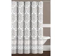 Serafina Home Grey Taupe White Fabric Shower Curtain: Floral Damask with Geometric Border Design (Darian)
