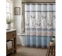 Serafina Home Light Blue Beige Grey Fabric Shower Curtain for Bathroom: Farmhouse Floral Bordered Damask Design
