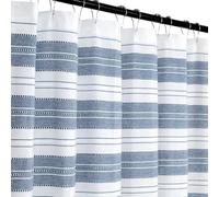 Serafina Home Nautical Chambray Blue and White Fabric Shower Curtain: Cotton Luxury Hotel Stripe with Detailed Eyelet Decorative Weave (Navy)